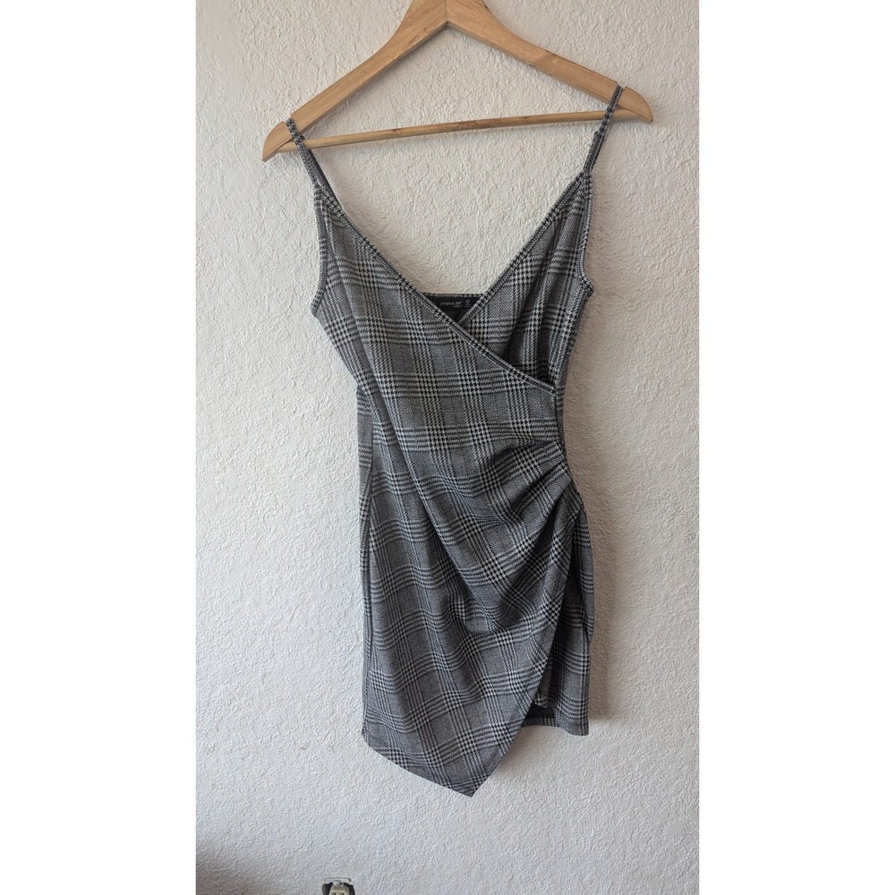 Popular Grey Plaid Wrap Mini Dress Spaghetti Straps Ruched Detail‎ Junior Medium